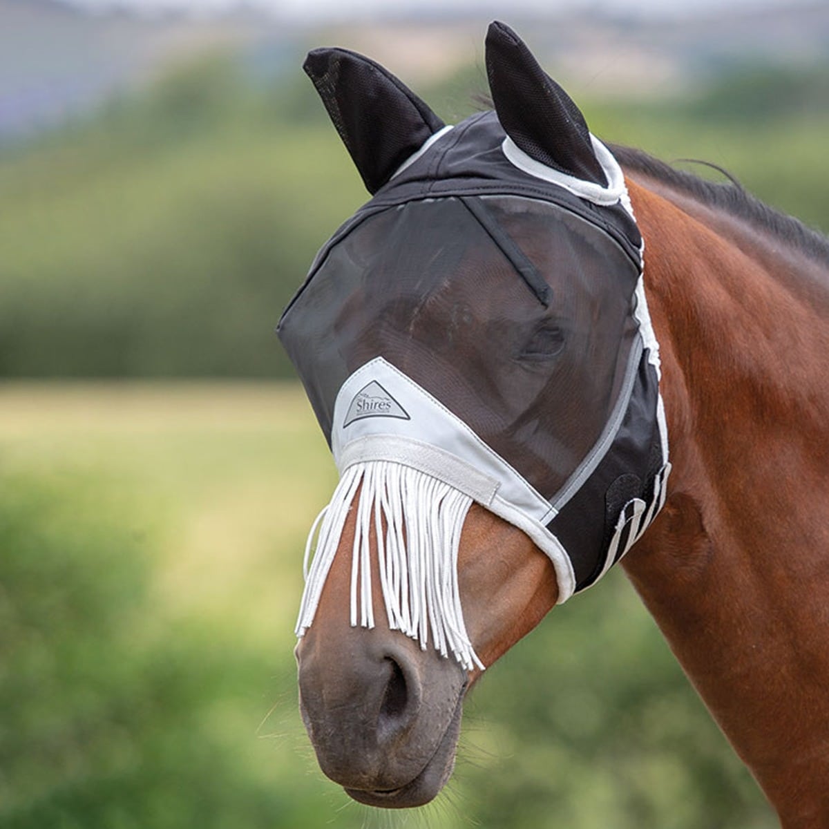 Shires Fine Mesh Fly Mask with Ears and Tassles Black