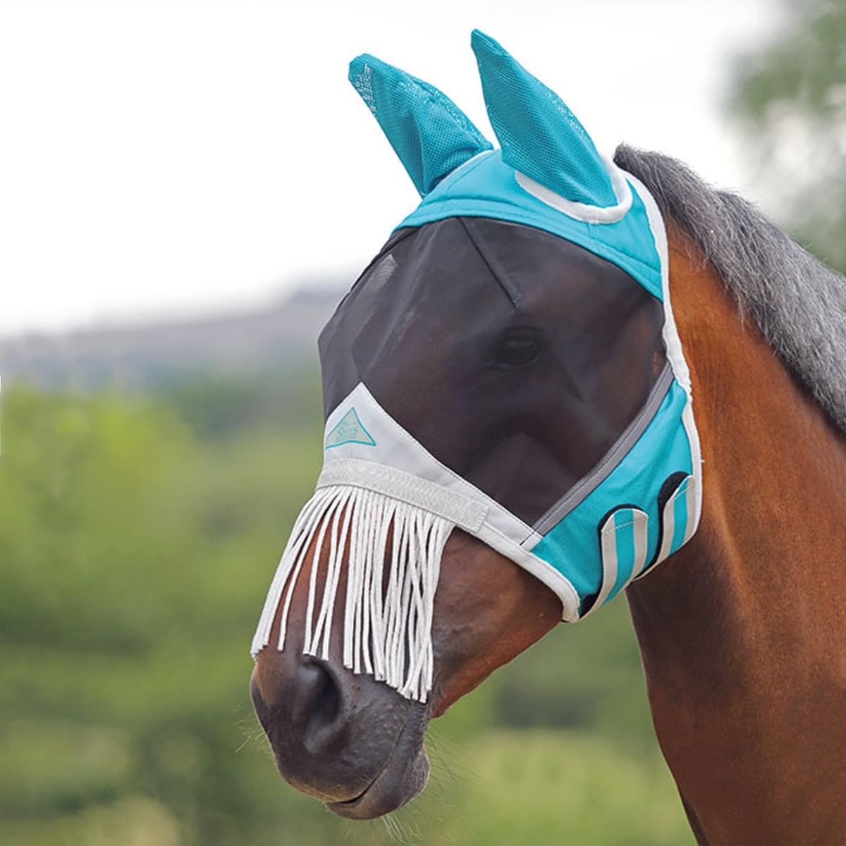 Shires Fine Mesh Fly Mask with Ears and Tassles Teal